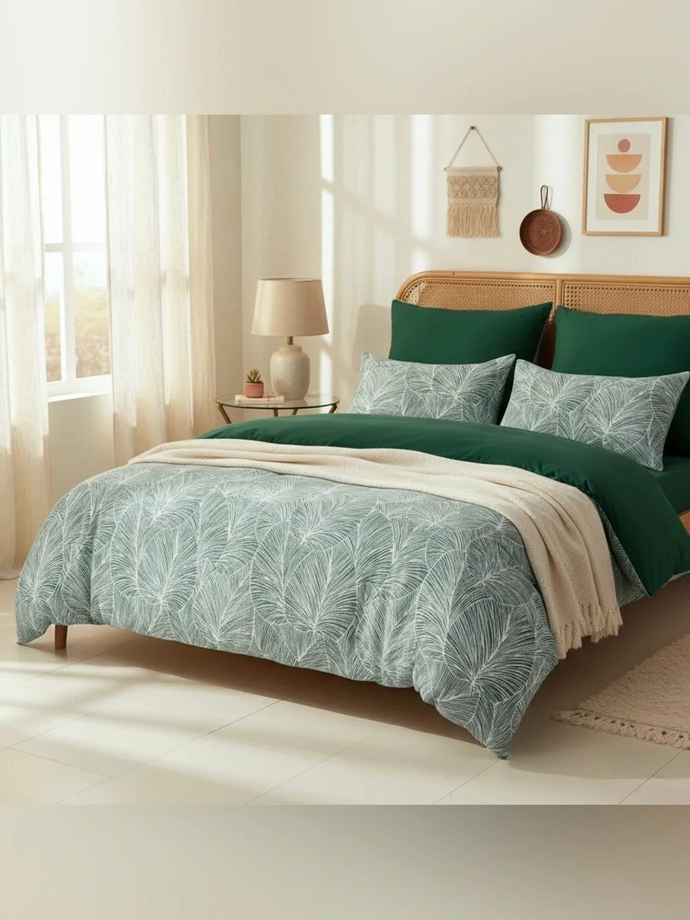 NEW Anthropologie Green Botanical Print Boho Queen King Bedding Duvet & Sham Set